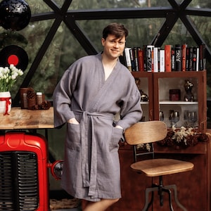 Natural linen robe men, Oversize kimono waffle robe, Unisex linen dressing gown, Meaningful dad gift, Bath Spa gift for husband him groom