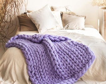 Blanket for Bed Decor Made from 100% Natural Merino Wool Roving Yarn, Super Warm Chunky Knit Throws in Many Sizes, Best Gift Idea