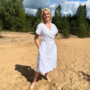 Women&#39;s white dress, Wrap linen dress with pockets and short sleeves, Midi length V neck summer dress, White women&#39;s clothing