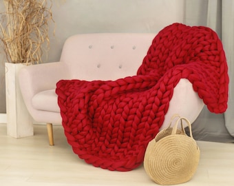 Red Throw Blanket, 100% Wool Chunky Knit Blanket, Giant Blanket, Arm Knit Blanket, Chunky Blanket, Knitted Blanket, Wool Gifts Anniversary