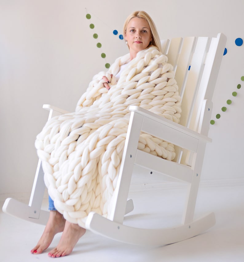 Giant Blanket, 100% Merino Wool Blanket, Chunky Knit Blanket, Knitted Blanket, Arm Knit Blanket, Warm 7th Anniversary, Christmas Gift Wife Vanilla