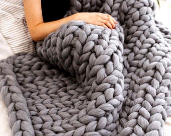Chunky Knit Blanket – 100% Merino Wool Throw | Giant Knit Blanket | Chunky Knit Throw | Cozy Couch Blanket | Handmade Wool Blanket
