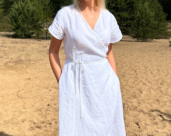 White linen wrap dress with pockets for warm summer days