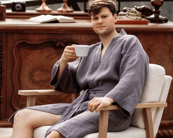 Mens Linen robe. Waffle weave robe. Men kimono robe. Linen bathrobe, Spa robe,  Waffle linen robe, Mens dressing gown, Anniversary gift him