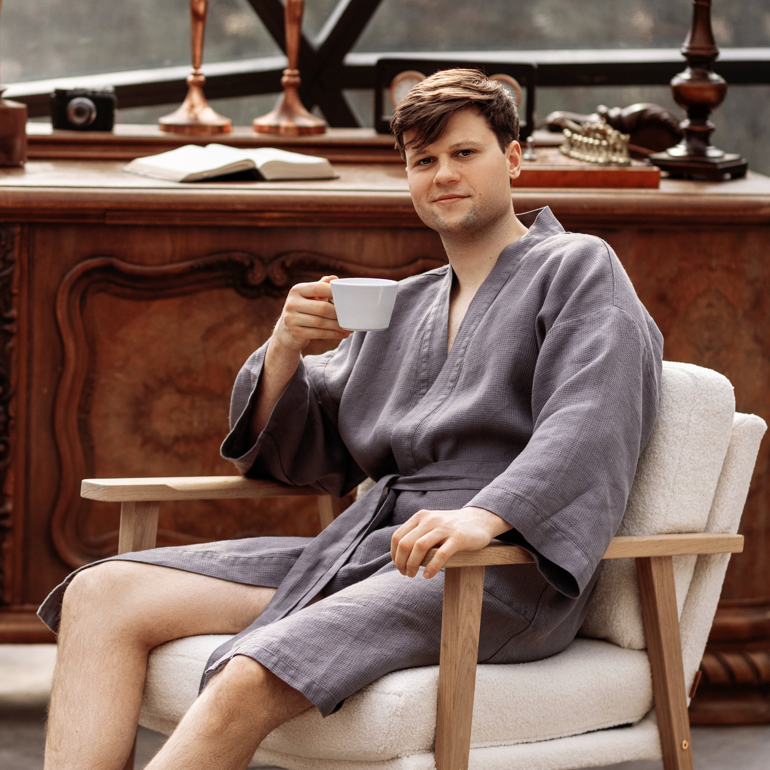 Inner Robe Man Mens Linen Robe. Waffle Weave Robe. Men Kimono Robe. Linen Bathrobe ...