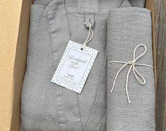 12th Linen anniversary gift for her or him, Waffle linen robe and towel set packed in a gift box, Linen gifts for men, Luxury spa gift set