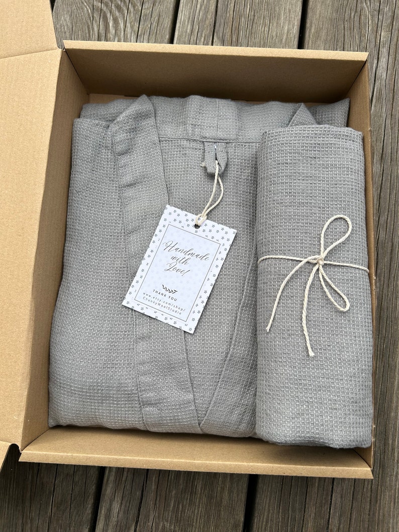 Unisex hygge gift box, Linen bath set for women, Waffle linen robe and towel set, Birthday gift box robe, Luxury gift basket for men image 2