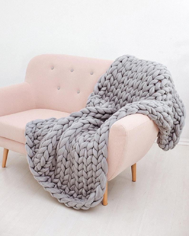 Grobstrick Decke, 100% Merino Wolle Decke, Riesendecke, Armstrickdecke, Grobstrickdecke, schwere 100 Wolldecke Light grey