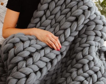 Christmas Gift Idea - Warm Throw Blanket for Cozy Evenings, Super Chunky Knitted from 100% Natural Wool, Handmade with Love