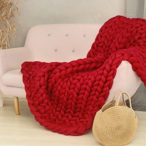 Grobstrick Decke, 100% Merino Wolle Decke, Riesendecke, Armstrickdecke, Grobstrickdecke, schwere 100 Wolldecke Rot