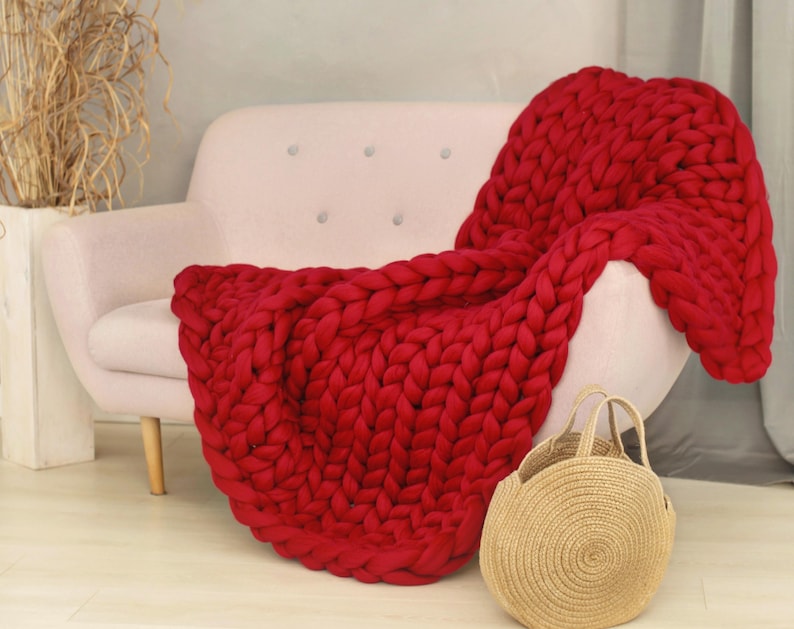 Grobstrick Decke, 100% Merino Wolle Decke, Riesendecke, Armstrickdecke, Grobstrickdecke, schwere 100 Wolldecke Rot