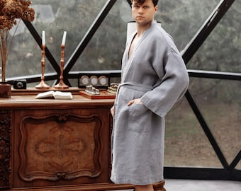 Men's linen robe, Bathrobe waffle weave texture with kimono sleeves unisex design, Anniversary gift for him, Practical gift for husband