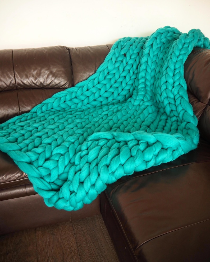 Grobstrick Decke, 100% Merino Wolle Decke, Riesendecke, Armstrickdecke, Grobstrickdecke, schwere 100 Wolldecke Turquoise
