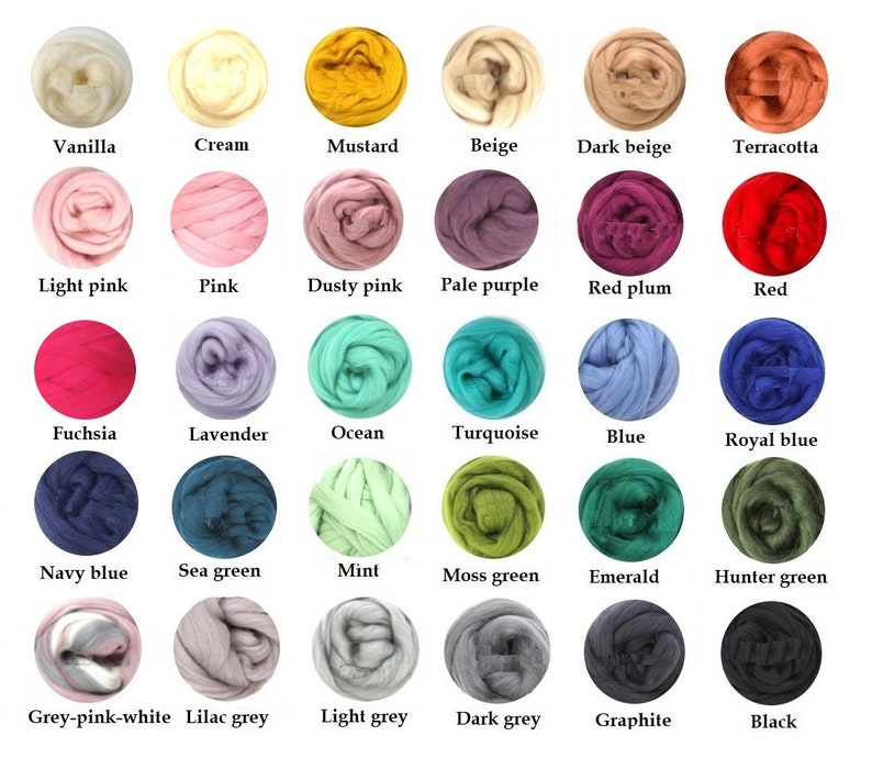 May include: A chart of 24 different colors of wool roving, each color is displayed in a circle with the name of the color written below it.
