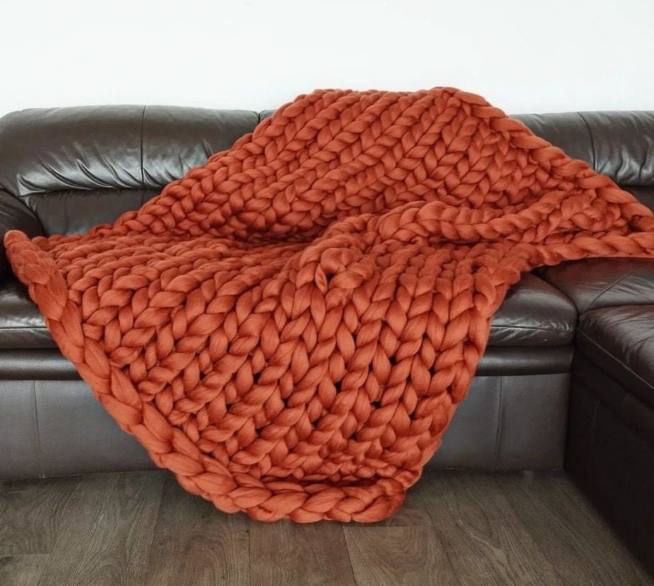 Chunky Knit Blanket. Burnt Orange