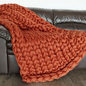 Giant Blanket, 100% Merino Wool Blanket, Chunky Knit Blanket, Knitted Blanket, Arm Knit Blanket, Warm 7th Anniversary, Christmas Gift Wife Terracotta