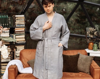 Grey kimono robe, Waffle weave linen robe with pockets, Soft & lightweight quick dry for spa sauna or honeymoon resort, Gift for him husband
