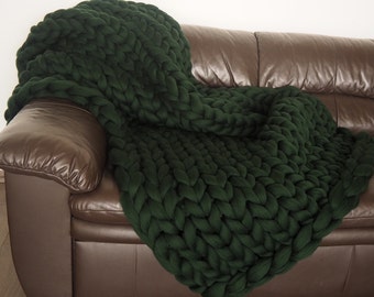 Green Blanket, Chunky Knit Blanket, Green, Throw, Green Throw Blanket, Wool Anniversary Gift for Her, Wool Gifts Christmas for a Family
