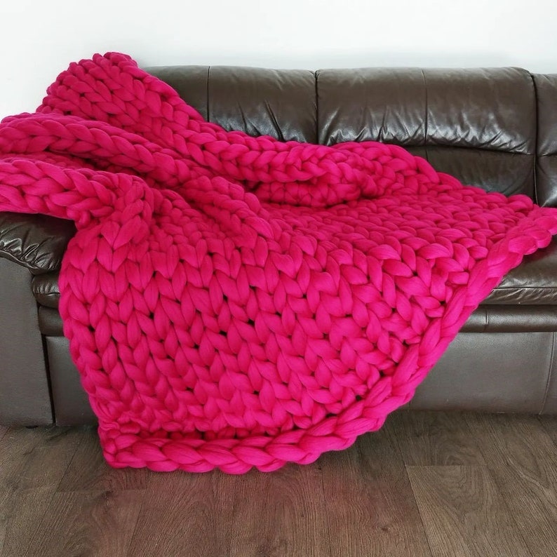 Chunky Blanket, 100% Merino Wool Blanket, Giant Blanket, Arm Knit Blanket, Chunky Knitted Blanket, Heavy 100 Wool Blanket Throw Fuchsia