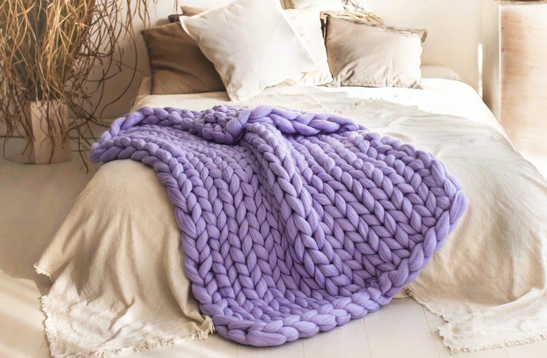 Grobstrick Decke, 100% Merino Wolle Decke, Riesendecke, Armstrickdecke, Grobstrickdecke, schwere 100 Wolldecke Lavender