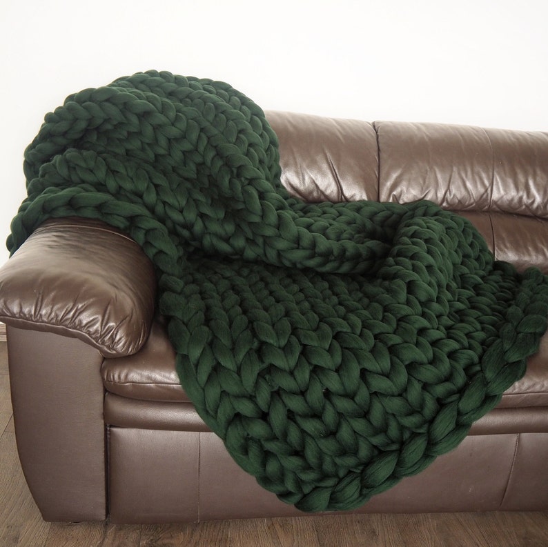 Giant Blanket 100% Merino Wool Blanket Chunky Knit Blanket Hunter green