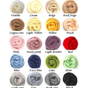 Puede incluir: Una colecci&oacute;n de 16 colores diferentes de lana cardada, dispuestos en una cuadr&iacute;cula. Los colores incluyen vainilla, crema, beige, beige oscuro, capuchino, amarillo claro, amarillo, melocot&oacute;n, rosa, rosa polvoriento, gris claro, rojo, azul, azul marino, lima, menta, gris claro, gris, gris oscuro y negro.