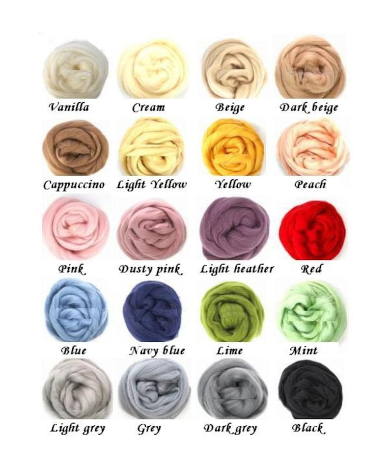 Puede incluir: Una colecci&oacute;n de 16 colores diferentes de lana cardada, dispuestos en una cuadr&iacute;cula. Los colores incluyen vainilla, crema, beige, beige oscuro, capuchino, amarillo claro, amarillo, melocot&oacute;n, rosa, rosa polvoriento, gris claro, rojo, azul, azul marino, lima, menta, gris claro, gris, gris oscuro y negro.