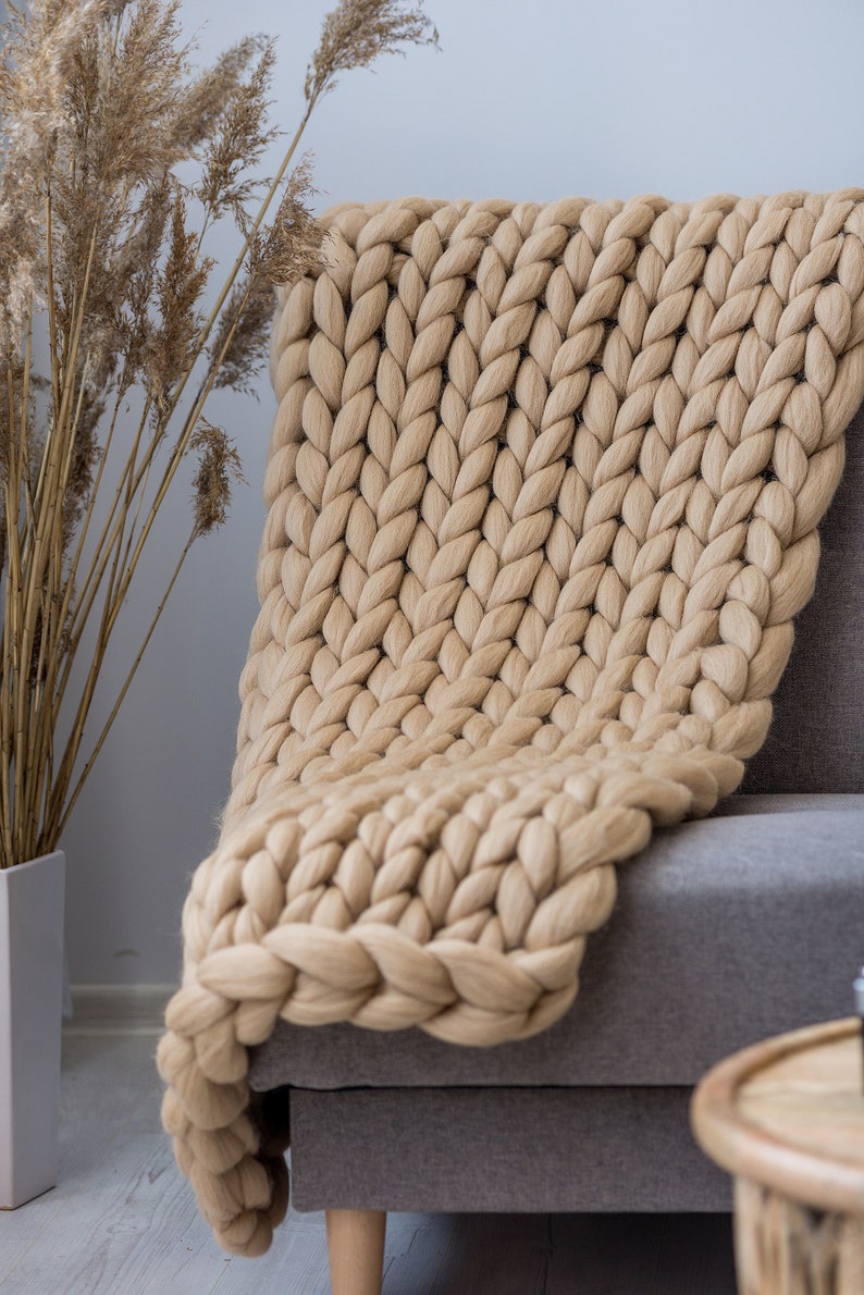 knitted throw for your home decor or unique gifts Cozy handmade merino