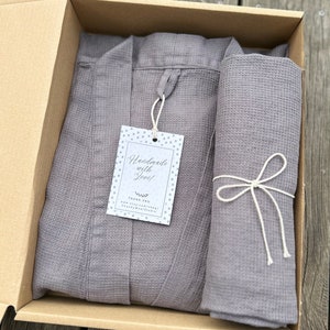 Unisex hygge gift box, Linen bath set for women, Waffle linen robe and towel set, Birthday gift box robe, Luxury gift basket for men image 3