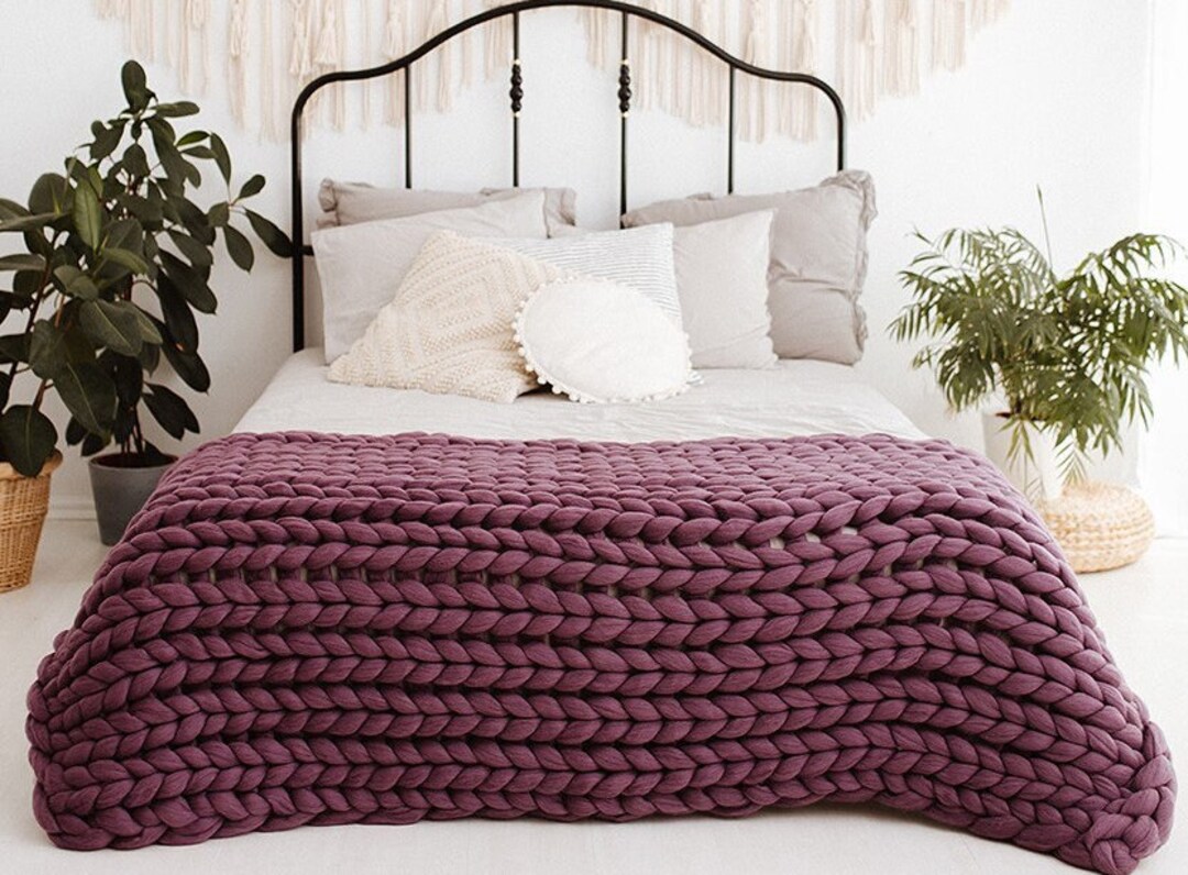 End of Bed Throw Blanket Chunky Knit Throws Blankets Wool Etsy