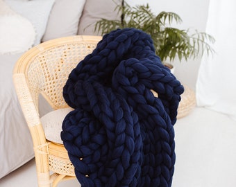 Navy Blanket, Chunky Knit Blanket, Navy Throw Blanket Chunky Wool Blanket Arm knit blanket, Christmas Housewarming Wool Anniversary 7th Gift