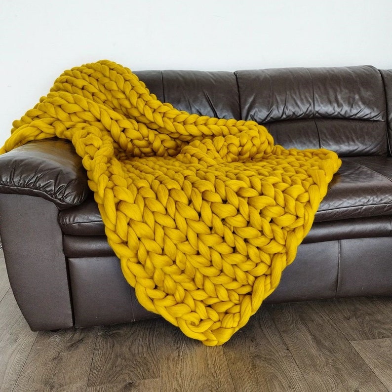 Giant Blanket 100% Merino Wool Blanket Chunky Knit Blanket Mustard