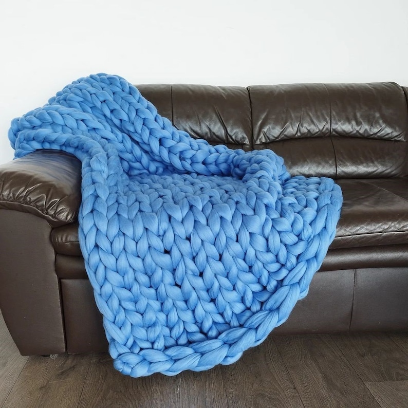 CHUNKY KNIT BLANKET, 100% Merino Wool Blanket, Arm Knit Blanket, Chunky Blanket, Christmas Gifts, Giant Blanket, Chunky Wool Blanket, Throw Blue