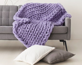 Lavendel Grobstrick Decke, Lavendel Decke werfen, Lavendel Wolldecke, Lavendel Strickdecke Boho Decke, Geschenk zum 7