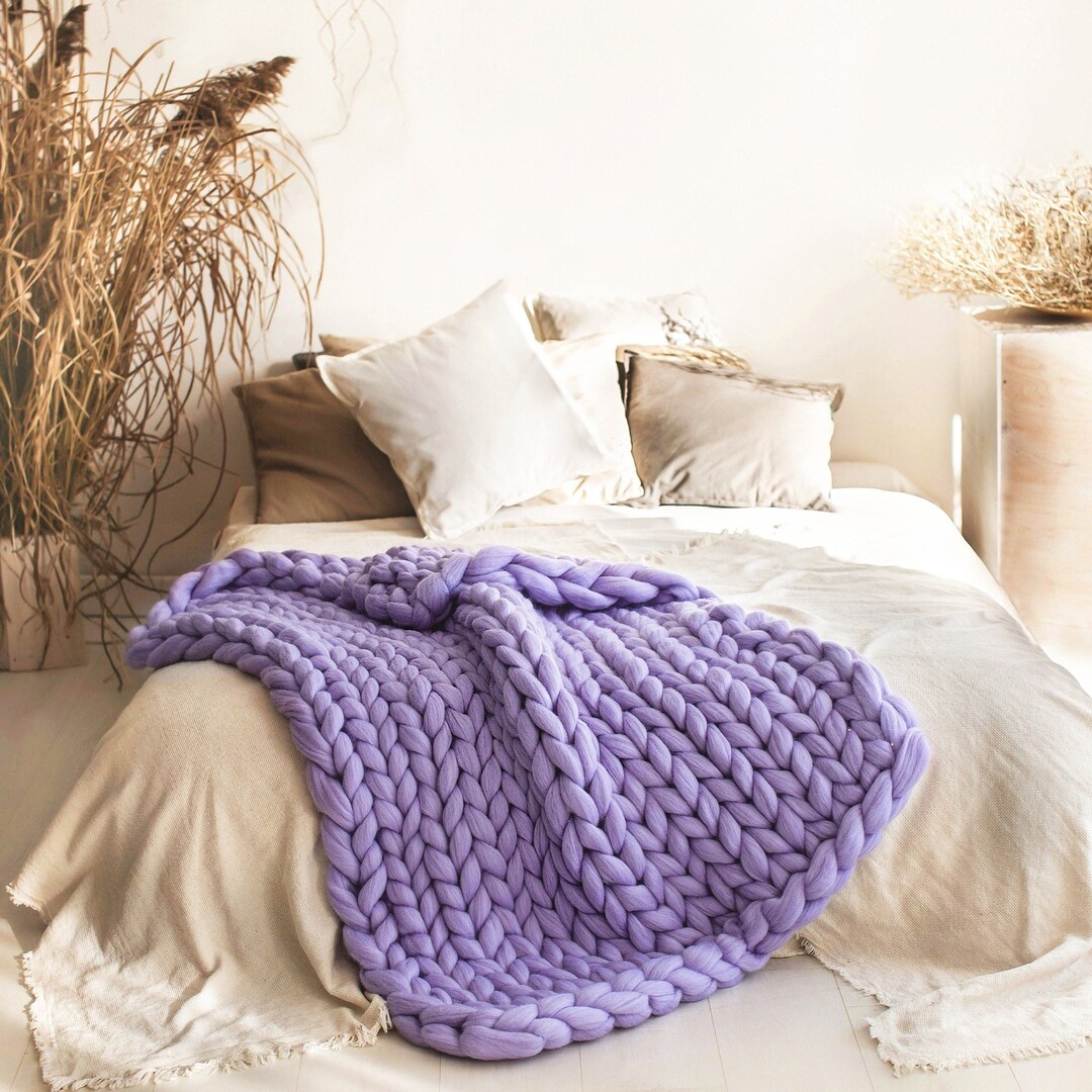 Lavender Throw Blanket 100 Wool Chunky Knit Blanket Giant Etsy