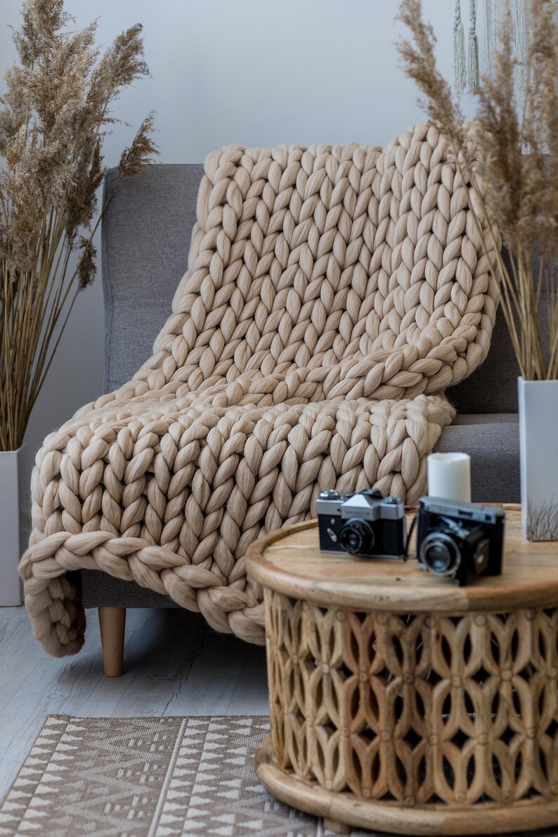 Chunky Knit Blanket Queen Wool Blanket Boho Blanket 100 Etsy