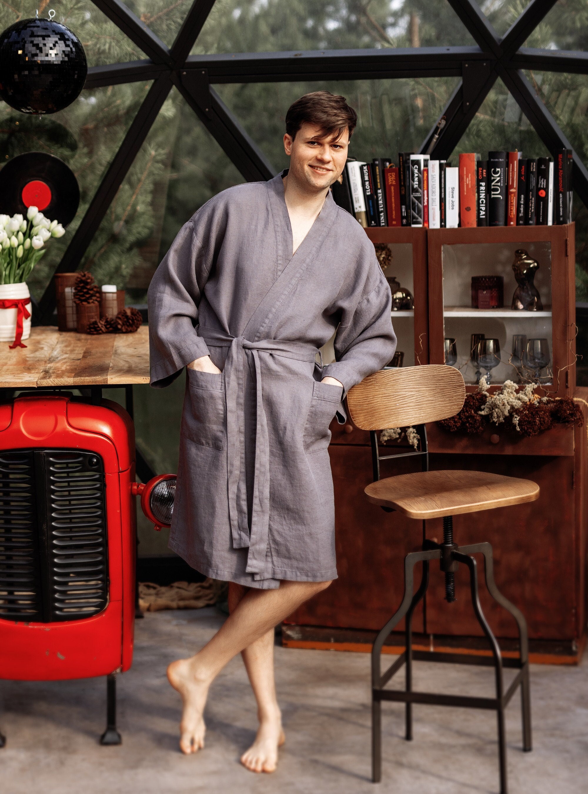 Natural linen robe men, Oversize kimono waffle robe, Unisex linen dressing gown, Meaningful dad gift, Bath Spa gift for husband him groom