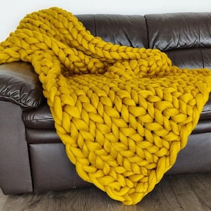 Grobstrick Decke, 100% Merino Wolle Decke, Riesendecke, Armstrickdecke, Grobstrickdecke, schwere 100 Wolldecke Mustard