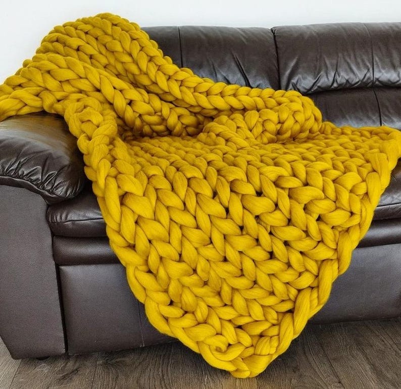 Grobstrick Decke, 100% Merino Wolle Decke, Riesendecke, Armstrickdecke, Grobstrickdecke, schwere 100 Wolldecke Mustard