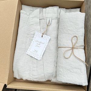 Unisex hygge gift box, Linen bath set for women, Waffle linen robe and towel set, Birthday gift box robe, Luxury gift basket for men image 1