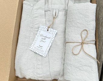 Unisex hygge gift box, Linen bath set for women, Waffle linen robe and towel set, Birthday gift box robe, Luxury gift basket for men