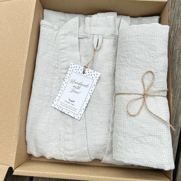 12th anniversary gift, Linen wedding gift for her him couple, Waffle linen robe and towel set packed in a gift box, Luxury bath gift set