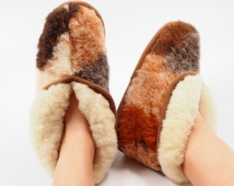 High Top Sheepskin Slippers Women, Wool House Boots, Fleece Moccasin Socks with Non Slip Sole, Soft Home Shoes, Christmas Gift for Her