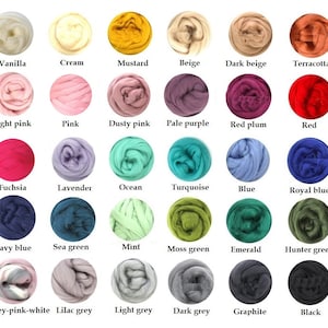 K&ouml;nnte beinhalten: Eine Karte mit 24 verschiedenen Farben von Wollvlies, jede Farbe wird in einem Kreis mit dem Namen der Farbe darunter angezeigt.