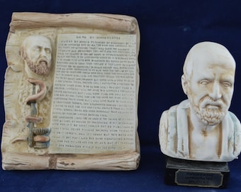 Hippocrates sculpture bust and Hippocratic Oath in English relief artifact