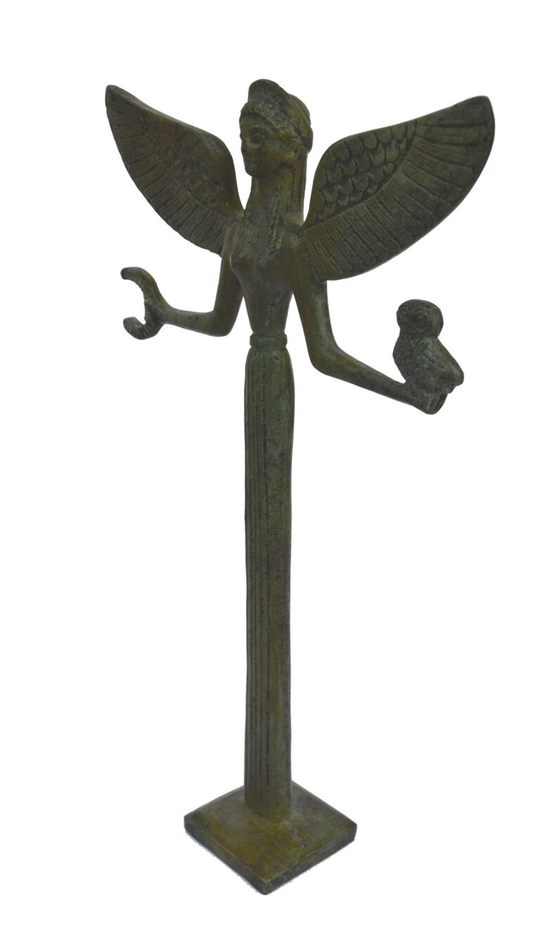 Nike bronze sculpture Victory holding wreath and Owl statue image 4