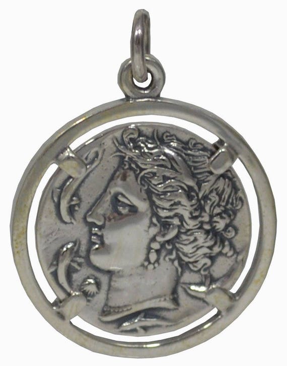 Diana Mistress of Animals Syracuse Coin Artemis Large Silver Coin Pendant 