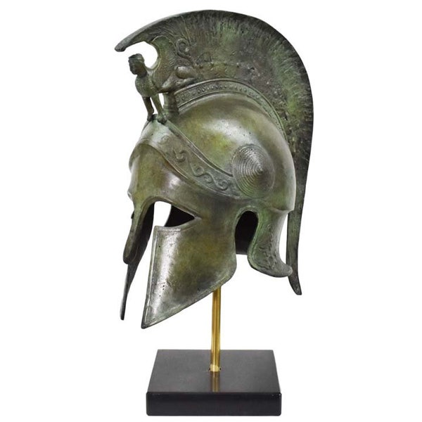 Casque corinthien en bronze pur avec sphinx - Socle en marbre - Infanterie de soldat hoplite