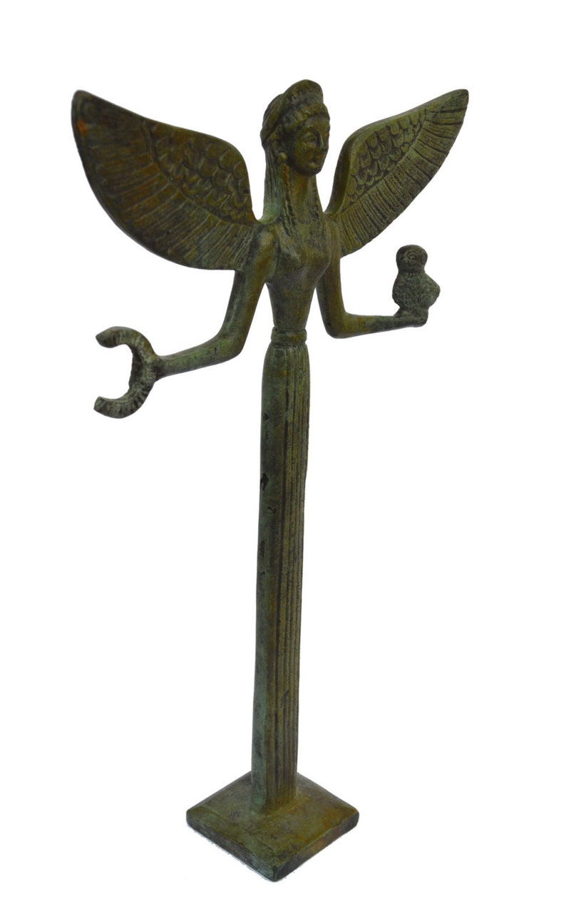 Nike bronze sculpture Victory holding wreath and Owl statue image 1