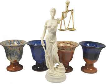 Themis sculpture Goddess of justice plus Pythagoras four cups of justice